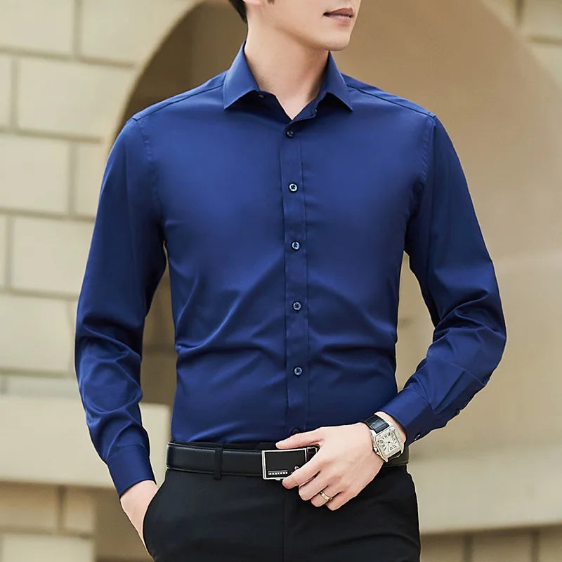 New Plus Size Men Solid Color Business Shirt Slim White Long Sleeve WHITE