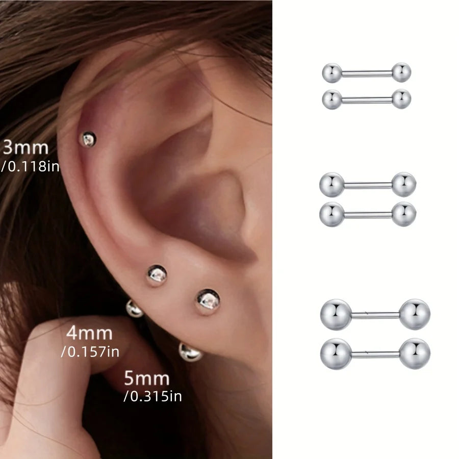 3 Pairs Unisex Stainless Steel Barbell Stud Earrings Minimalist Ball Design for Men and Women