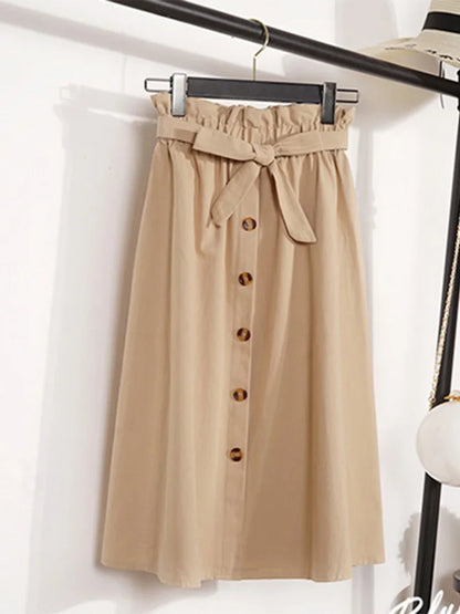 Summer Autumn Midi Pleated High Waist Button Skirt Women