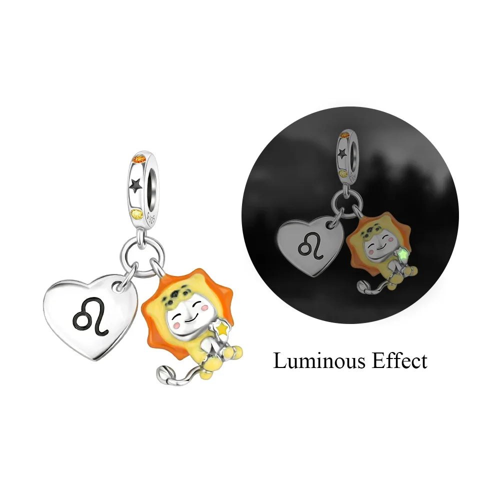 925 Sterling Silver Zodiac Charms with Luminous Stars Zircon Pendants for DIY Bracelets Fine Jewelry Gift