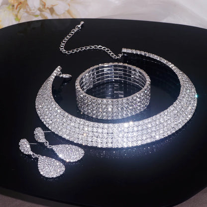 Luxury Round Rhinestone Jewelry Set for Women Classic Silver Necklace Bracelet and Earring Bridal Wedding Accessories