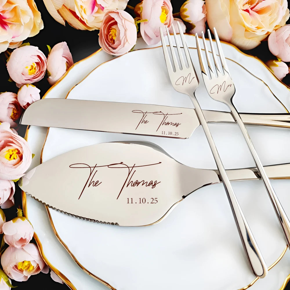 Elegant Personalized Wedding Cake Cutting Set with Engraved Knife and Forks