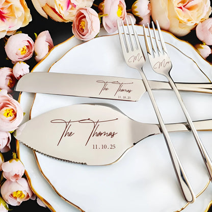 Elegant Personalized Wedding Cake Cutting Set with Engraved Knife and Forks