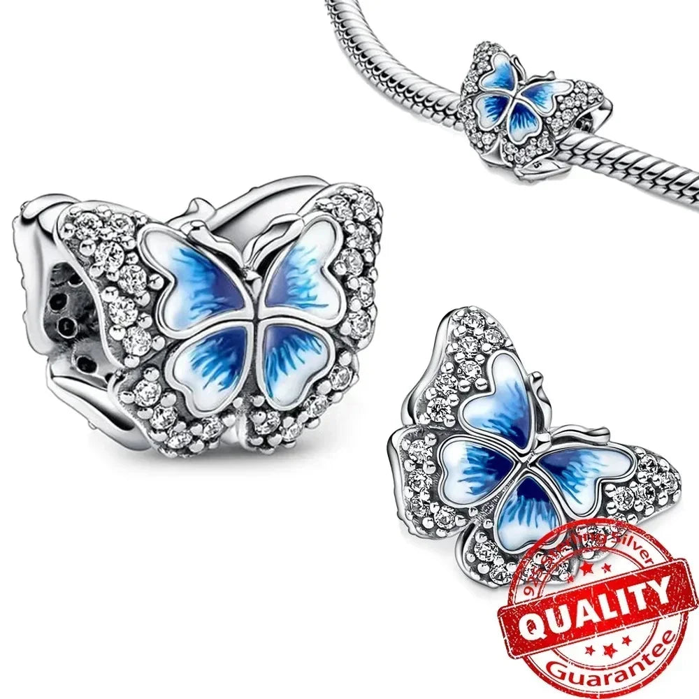 925 Sterling Silver Blue Moon Butterfly Heart Zircon Beads Charms for DIY Necklace and Bracelet Jewelry Gifts for Women