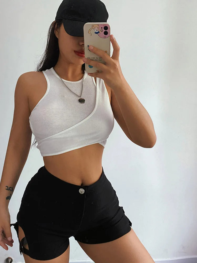 Asymmetrical Tank Top Sexy Two Piece Vest For Women Ribbed