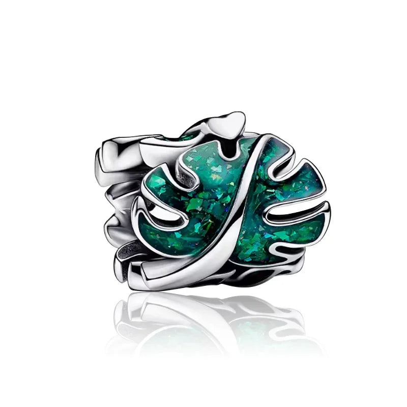 925 Sterling Silver Green Four-Leaf Clover Avocado Cactus Coconut Palm Bead Charms for DIY Bracelet and Necklace Women Gift
