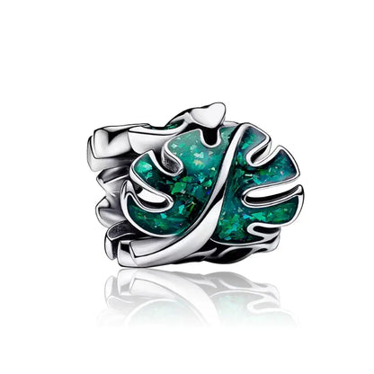925 Sterling Silver Green Four-Leaf Clover Avocado Cactus Coconut Palm Bead Charms for DIY Bracelet and Necklace Women Gift
