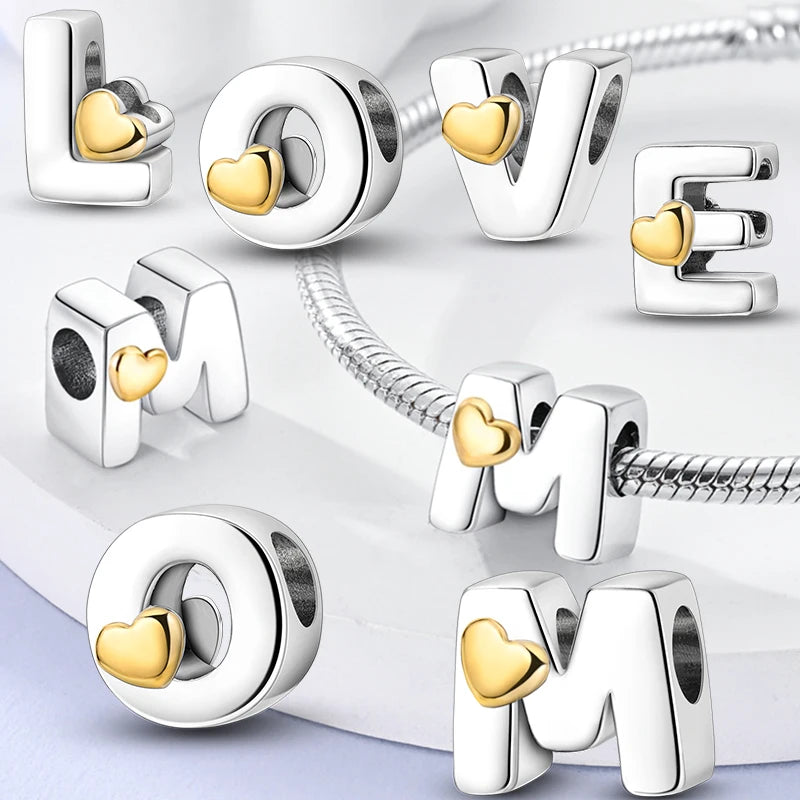 925 Sterling Silver Alphabet Charm Bracelet Gold Heart