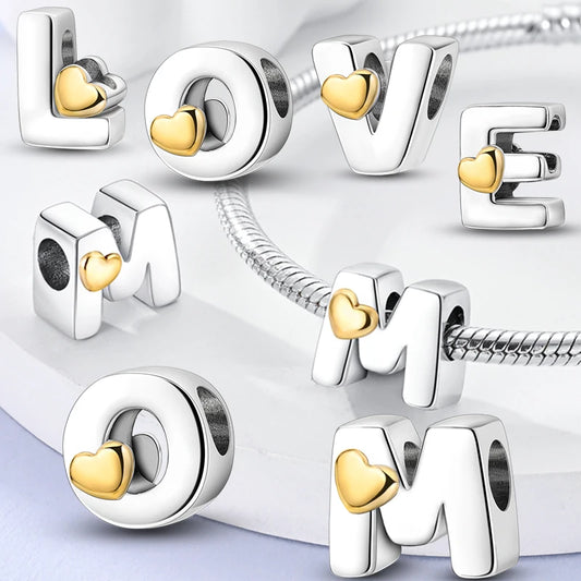 925 Sterling Silver Alphabet Charm Bracelet Gold Heart