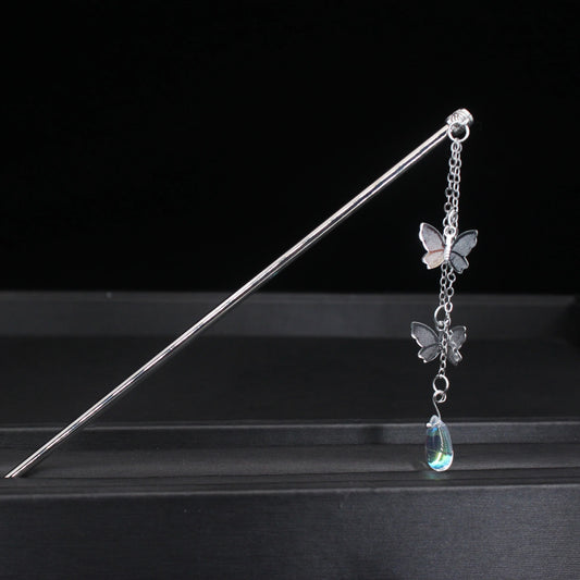 Fashion Metal Chinese Hair Stick with Butterfly Crystal Accent for Women in Silver and Gold - Elegant Hair Jewelry Accessory Gift