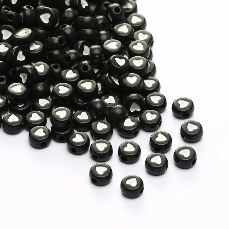 Chic Black Acrylic Beads with Gold Heart Design for Jewelry Crafting