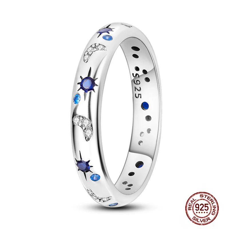 Hot Blue Zircon Ring for Women in 925 Sterling Silver Sparkling Star and Moon Design Elegant Wedding Jewelry LLTR115