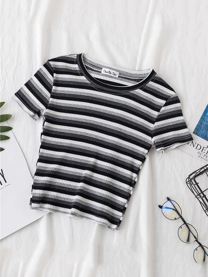 Rainbow Stripe Slim Fit Women T Shirt Short Sleeve Harajuku