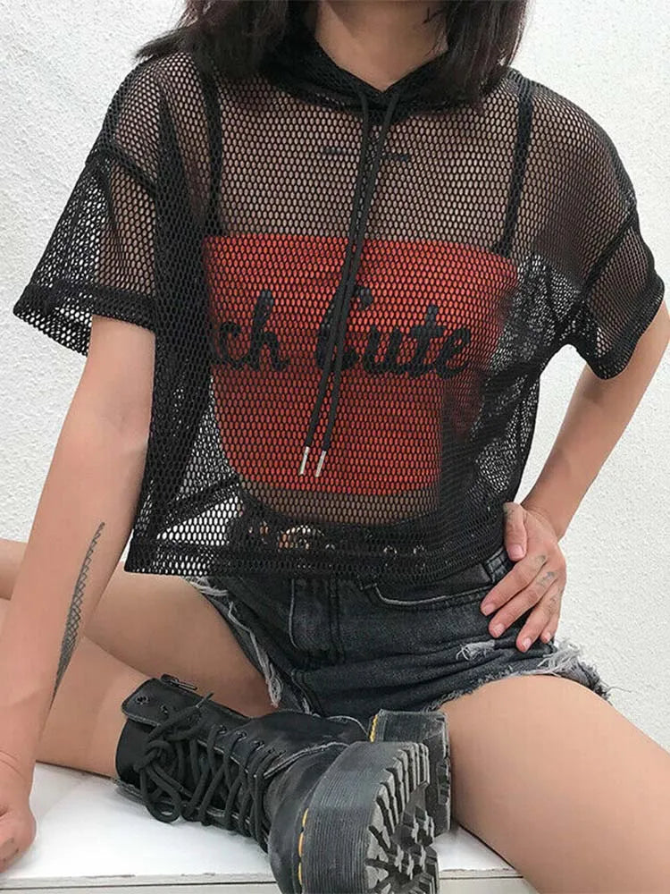 Womens Hollow Mesh Hooded Tee Transparent Black Partywear