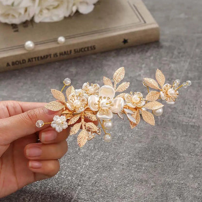 Elegant Bridal Pearl Hairpins Gold Metal Flower Hair Accessories for Women and Girls