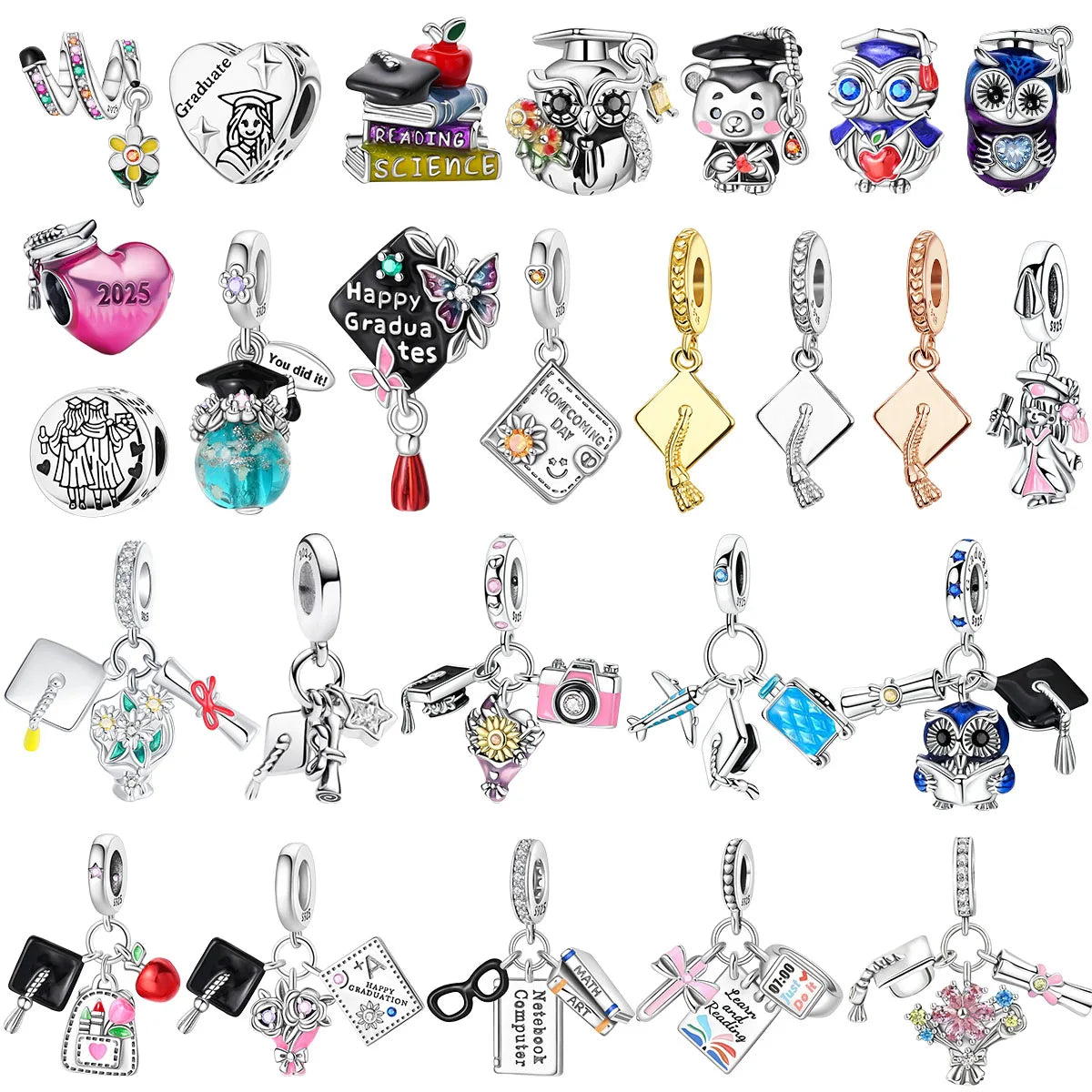 925 Sterling Silver Graduation Mortarboard Charm with Zircon Beads for DIY Bracelet Fine Jewelry Gift