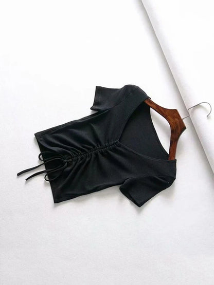 Women Candy Colors V Neck Cropped Tank Top Drawstring Tie