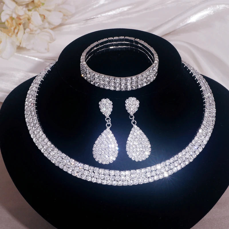 Luxury Round Rhinestone Jewelry Set for Women Classic Silver Necklace Bracelet and Earring Bridal Wedding Accessories