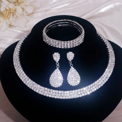 Luxury Round Rhinestone Jewelry Set for Women Classic Silver Necklace Bracelet and Earring Bridal Wedding Accessories
