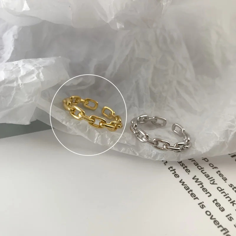 Trendy Unisex 18k Gold Plated 925 Sterling Silver Chain Cuff Ring for Daily Wear