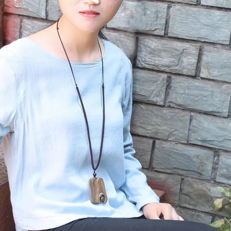 Vintage Long Sweater Chain Necklace for Women with Handmade Sandalwood Pendants in Ethnic Style