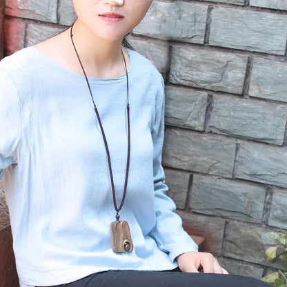 Vintage Long Sweater Chain Necklace for Women with Handmade Sandalwood Pendants in Ethnic Style
