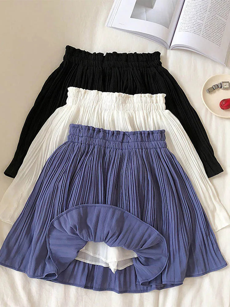 Chiffon Pleated Mini Skirt Elastic Waist Korean Beach 2025