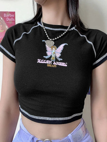 Butterfly Graphic Green Letter Print Crop Top O Neck Tee