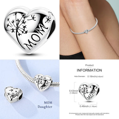 925 Sterling Silver Mom Heart Puzzle Charm Bead Luminous
