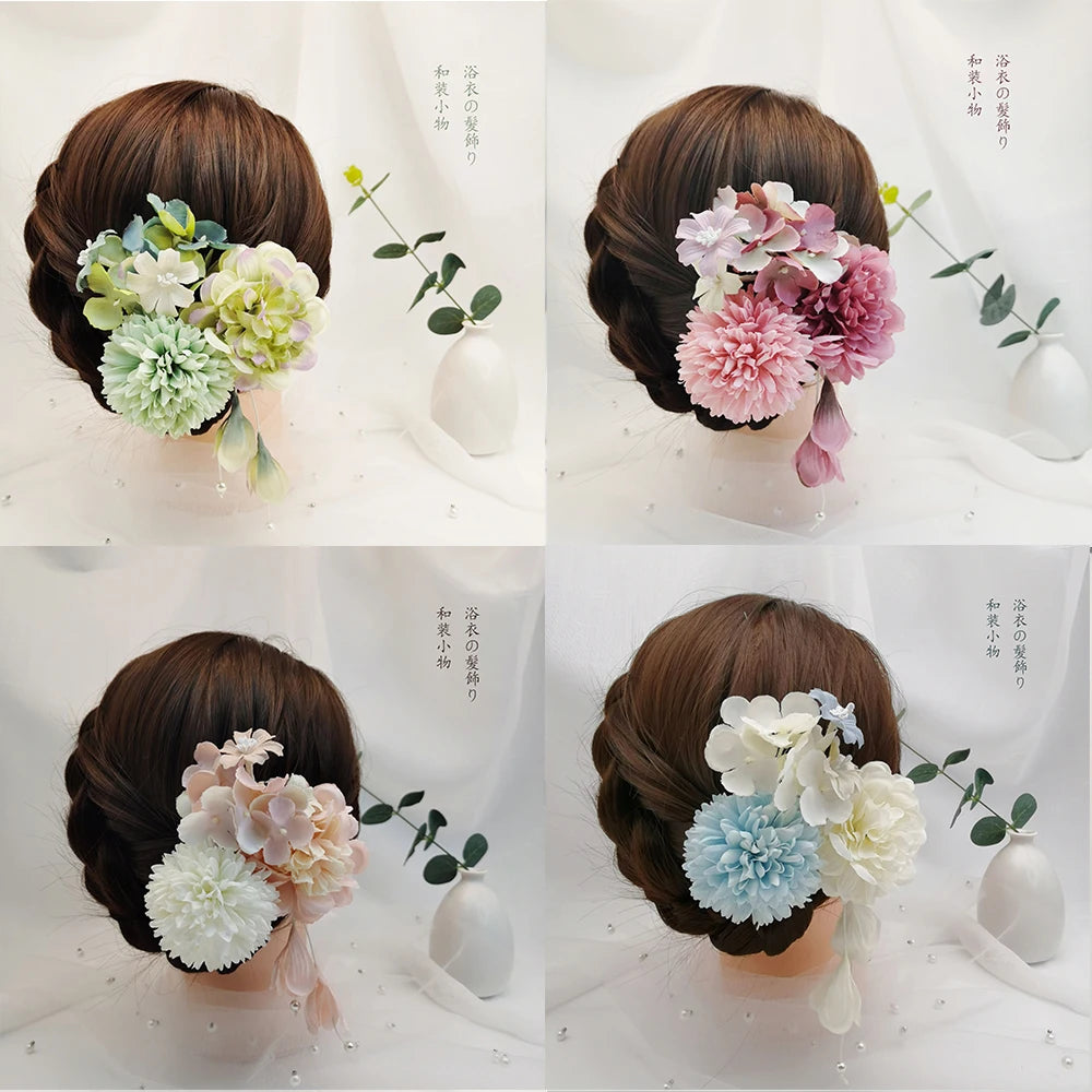 Japanese Handmade Fabric Flower Kimono Hairpin with Tassel for Weddings and Festivals
