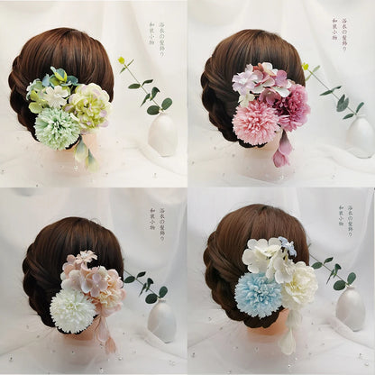 Japanese Handmade Fabric Flower Kimono Hairpin with Tassel for Weddings and Festivals