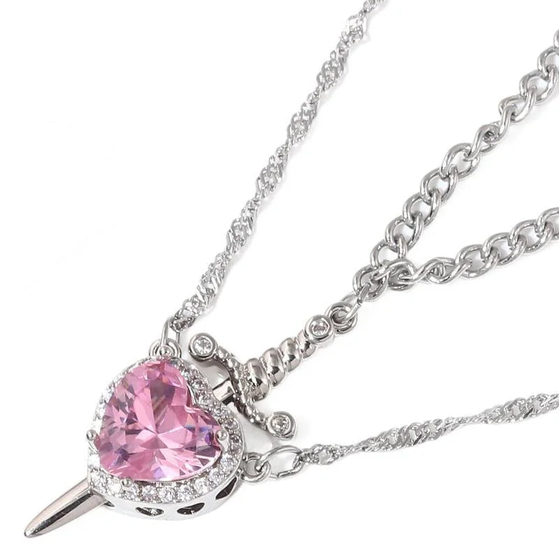 Assembled Heart and Sword Zircon Pendant Necklace Set for Couples Silver Gold Plated Choker Jewelry Gifts