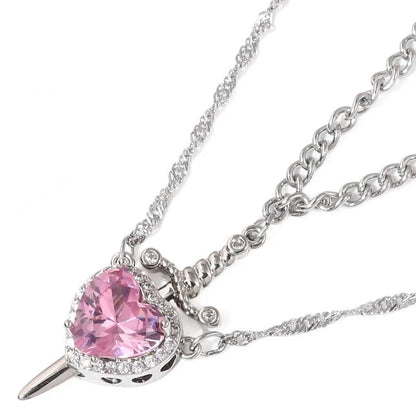Assembled Heart and Sword Zircon Pendant Necklace Set for Couples Silver Gold Plated Choker Jewelry Gifts