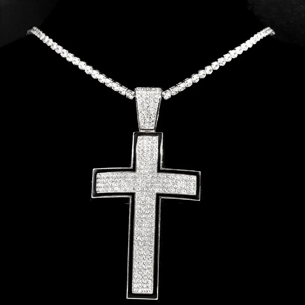 Punk Luxury Rhinestone Cross Pendant Cuban Link Necklace for Women and Men Hip Hop Iced Out Jewelry