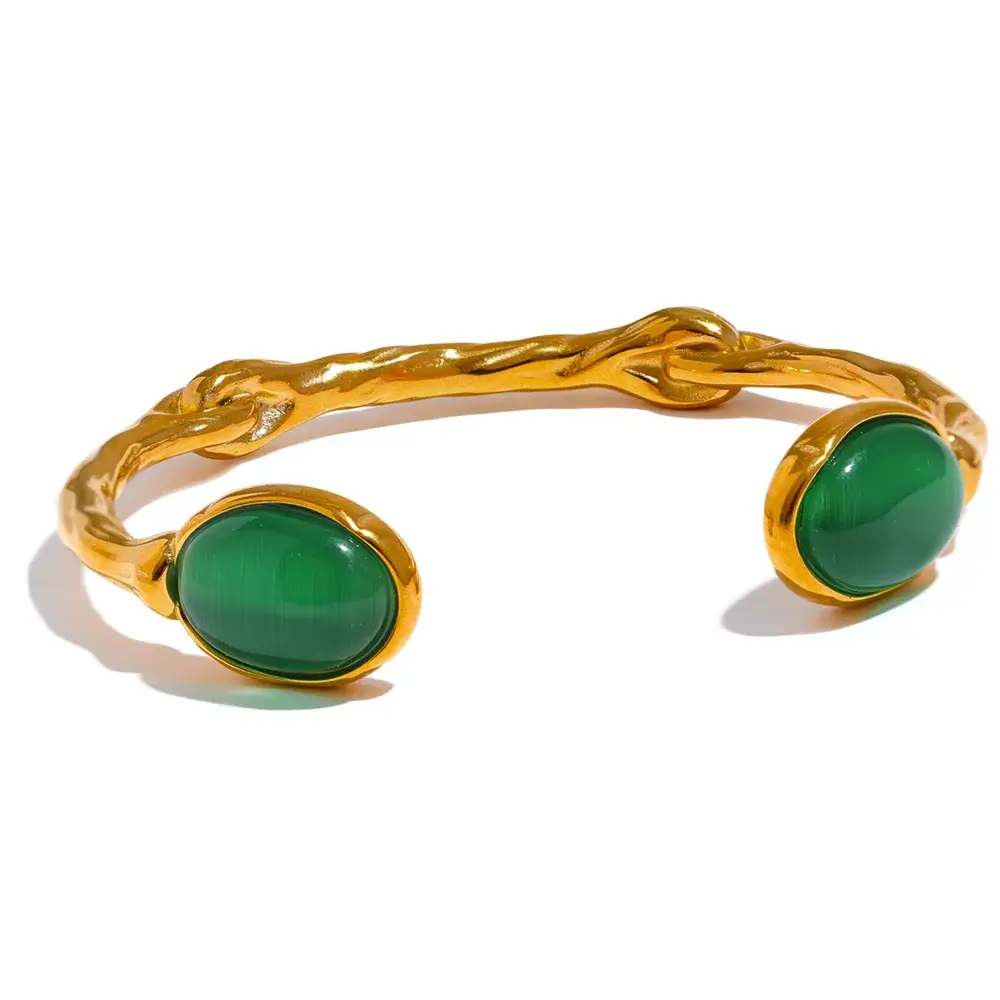 Yhpup Green Natural Stone Gold Cuff Bracelet Bangle YH227A