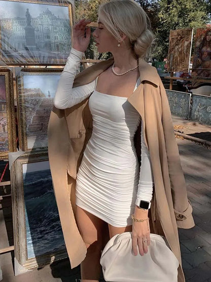 Ruched White Bodycon Mini Dress For Party Streetwear 2024