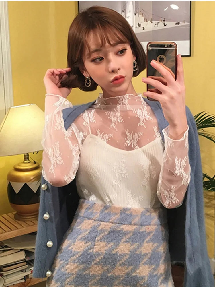 Summer Lace Embroidered Mesh Blouse See Through Black Top