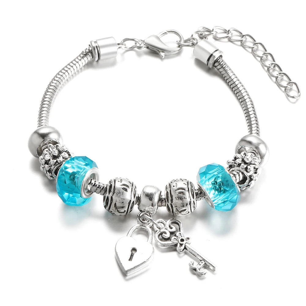 Elegant Heart Lock Charm Beaded Bangle Adjustable Snake Chain Bracelet for Women