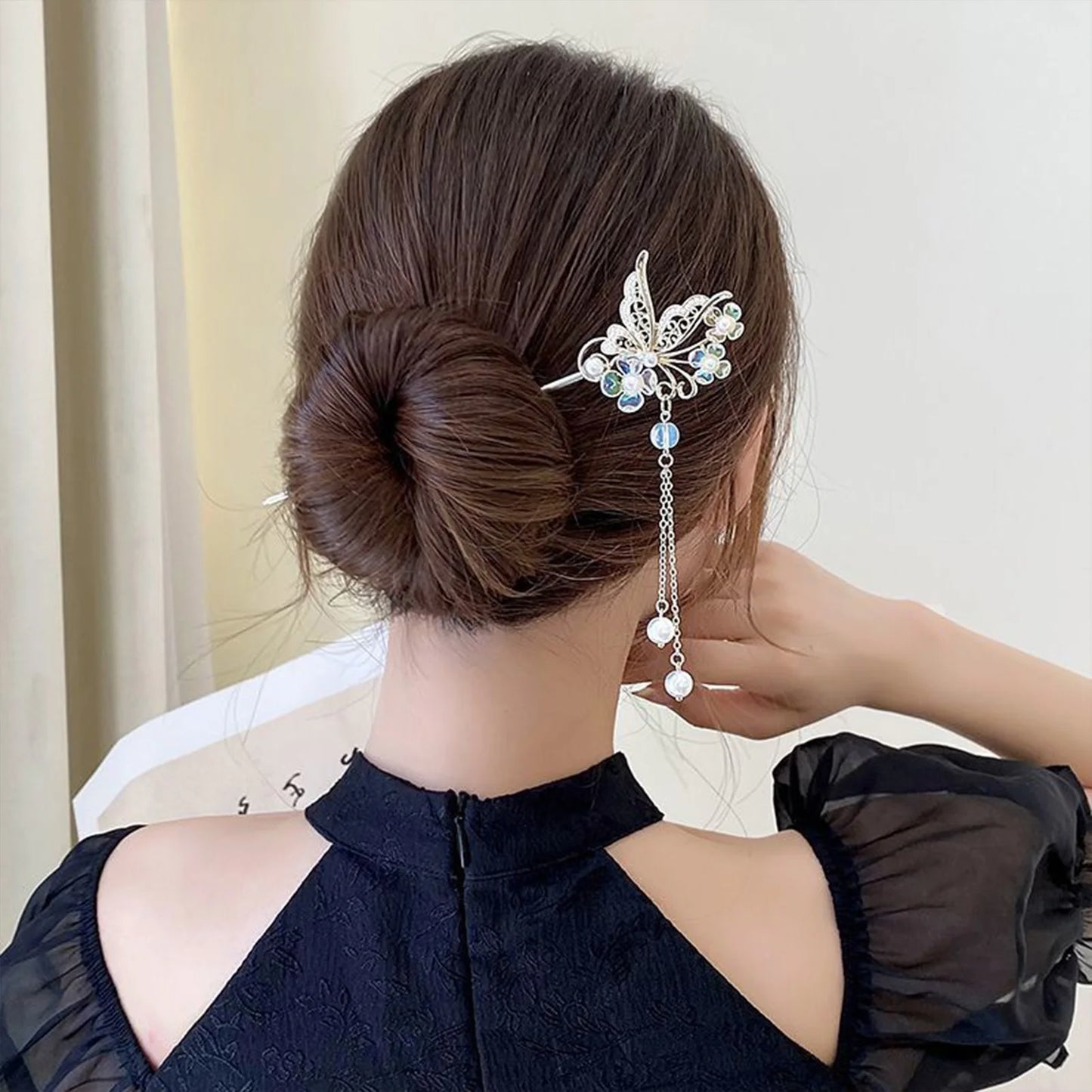 Elegant Gold Red Floral Pearl Long Tassel Hairpins Bridal Chinese Wedding Headpiece