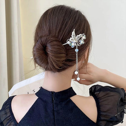 Elegant Gold Red Floral Pearl Long Tassel Hairpins Bridal Chinese Wedding Headpiece