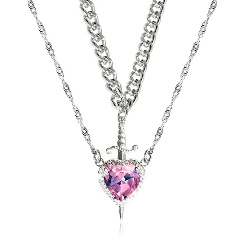 Assembled Heart and Sword Zircon Pendant Necklace Set for Couples Silver Gold Plated Choker Jewelry Gifts