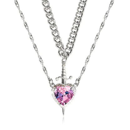 Assembled Heart and Sword Zircon Pendant Necklace Set for Couples Silver Gold Plated Choker Jewelry Gifts