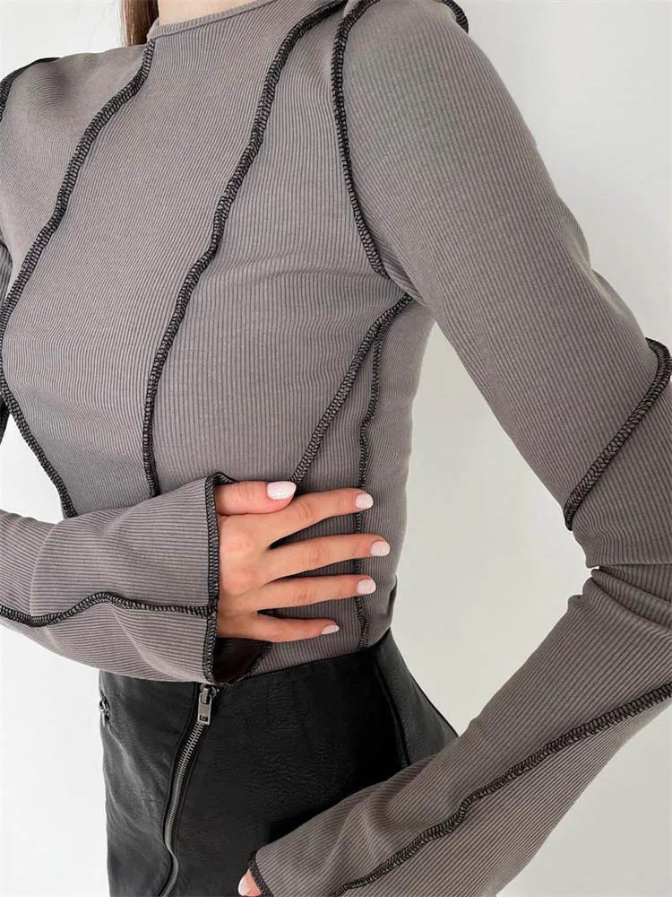 Dozw Patchwork Knit Tee For Women Chic Long Sleeve Ribbed