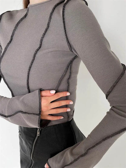 Dozw Patchwork Knit Tee For Women Chic Long Sleeve Ribbed