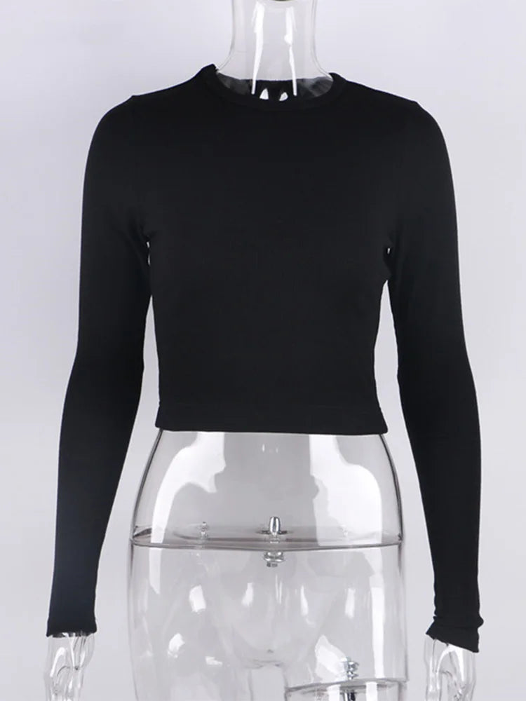 O Neck Long Sleeve Ribbed Cropped Top For Women Casual Slim