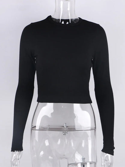 O Neck Long Sleeve Ribbed Cropped Top For Women Casual Slim