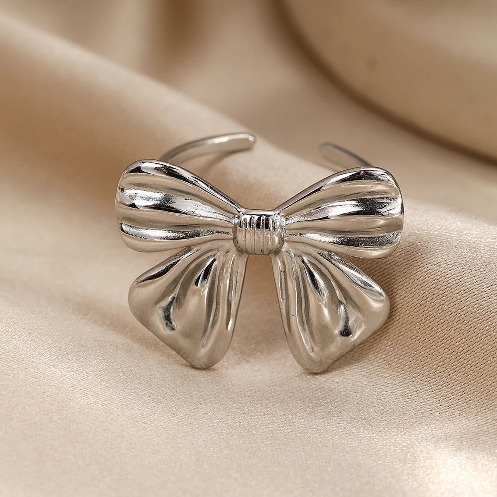 Elegant 18K Gold Plated Bow Ring for Women Stainless Steel Jewelry Gift