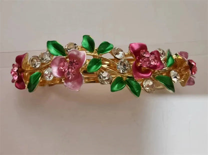 Elegant Red Crystal Flower Bow Hairpin With Vintage Blue Rhinestones