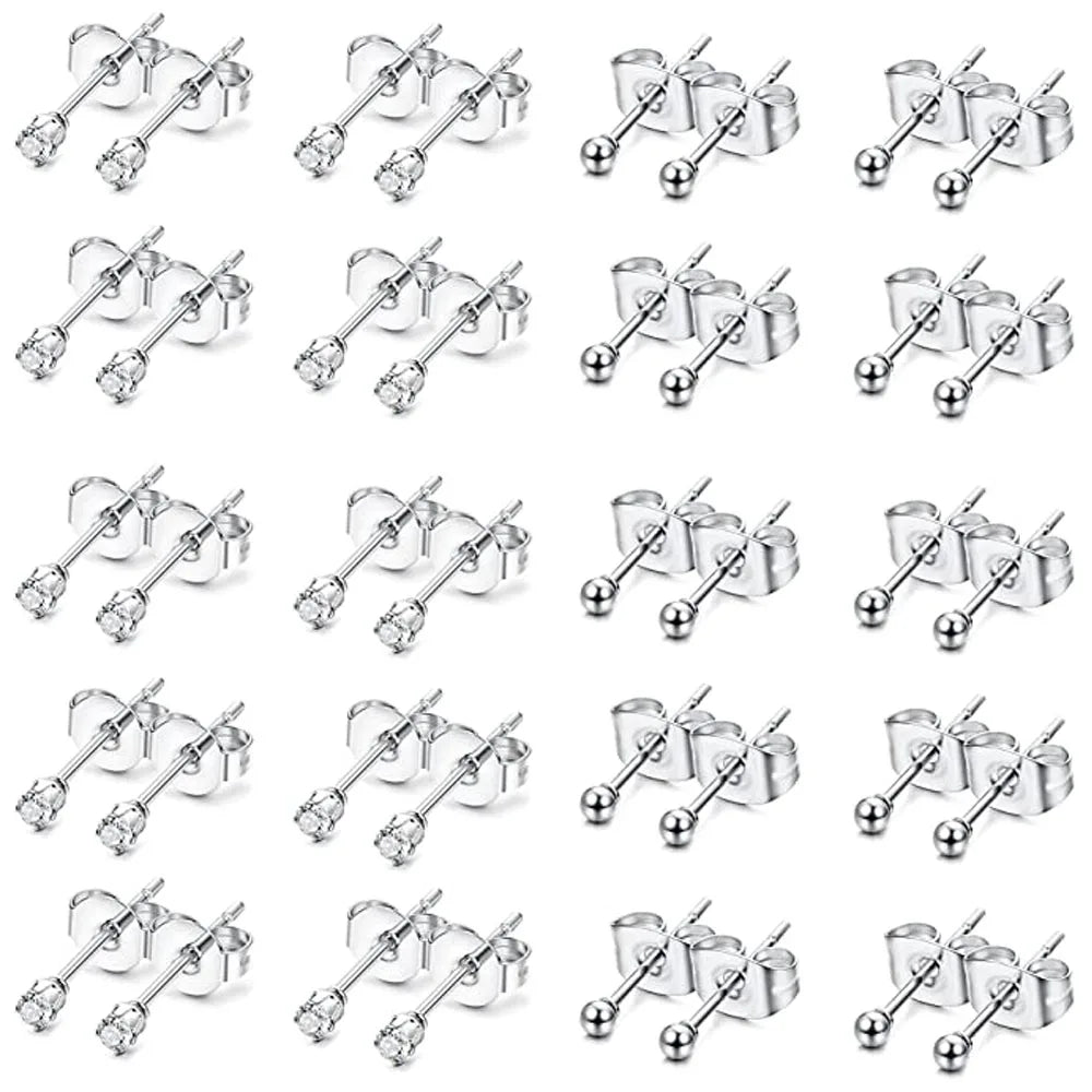 6 Pairs Tiny 2mm Stainless Steel Stud Earrings Set for Men and Women with CZ Round Ball Design