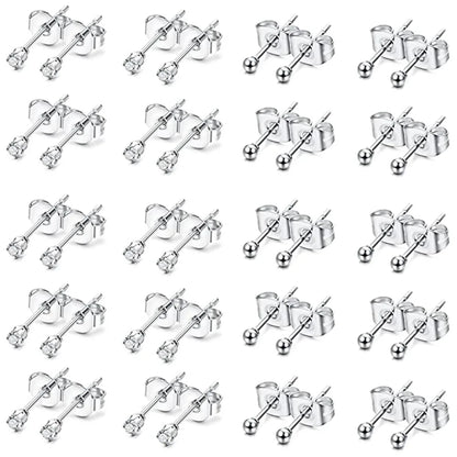 6 Pairs Tiny 2mm Stainless Steel Stud Earrings Set for Men and Women with CZ Round Ball Design